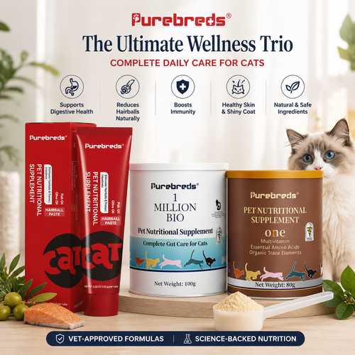 Purebreds 3-in-1 cat wellness bundle with hairball paste, probiotic and multivitamin